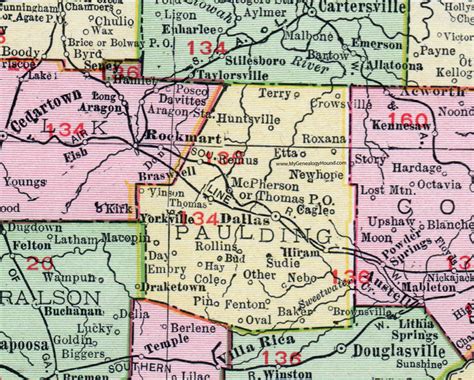 Paulding County, Georgia, 1911, Map, Dallas, Yorkville, Hiram, New Hope ...