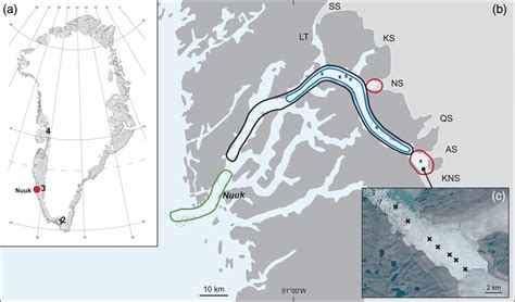 (a) Map of Greenland indicating the positions of the four fjords ...