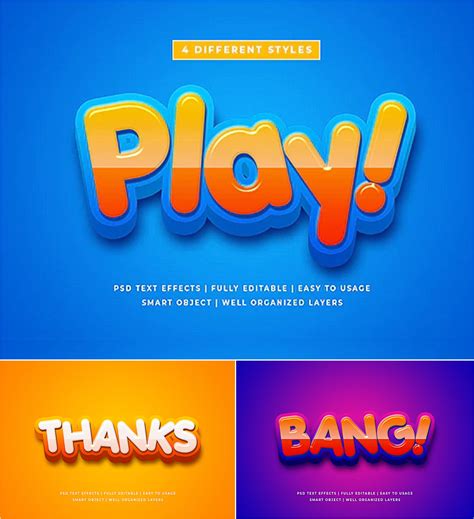 Cartoon Colorful 3d Text Style Effect Mockup. You will get: 4 styles, 100% Editable, Fully ...