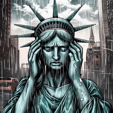 Tears of Liberty , cartoon illustration of Statue of liberty crying with her hands covering her ...