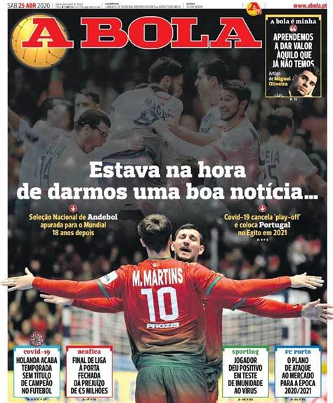 Capa Jornal A Bola - 25 abril 2020 - capasjornais.pt