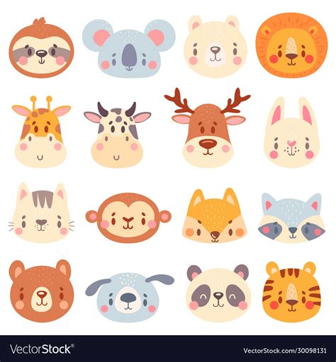 Cute animal faces color portraits Royalty Free Vector Image