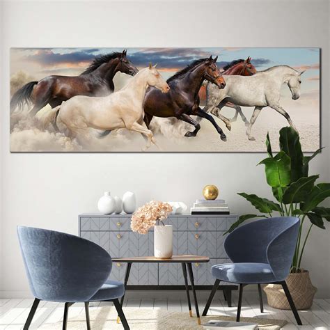 Horses Galloping Canvas Wall Art, Five Running Horses Canvas Print, Herd of Brown White Horses 1 ...