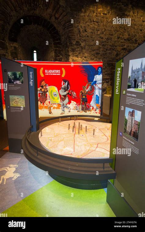 Interior display inside Colchester Castle, with various displays such ...