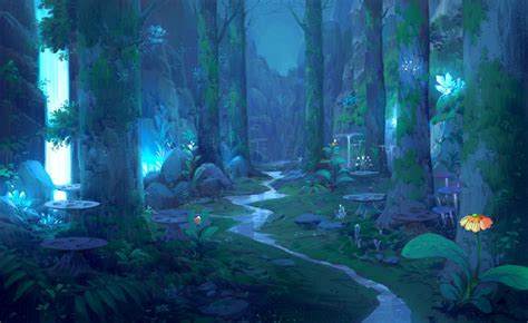 Forest_night_waterfall, Paperblue .net on ArtStation at https://www ...