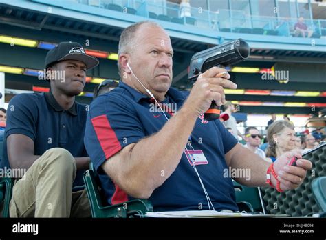 Boston Red Sox Scouting Supervisor Ray Fagnant monitoring pitchers on a ...