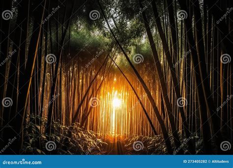 Bamboo Forest at Sunrise, with the Sun Peeking through the Trees Stock Illustration ...