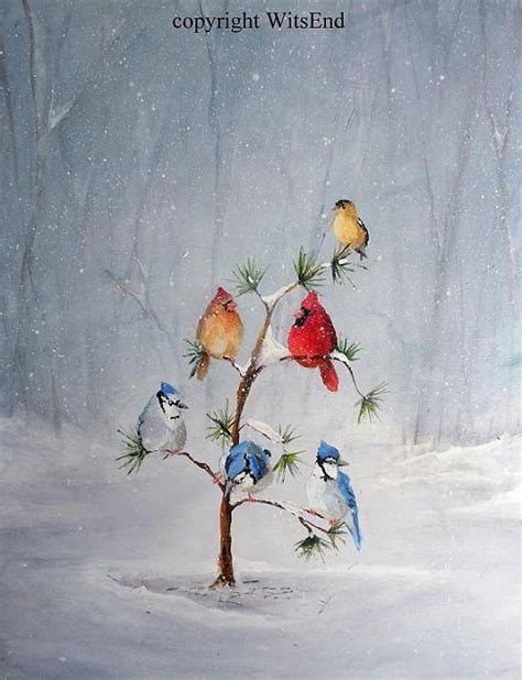 THE BIRDS CHRISTMAS In a quiet woodland clearing, a Goldfinch, a pair of cardinals and a trio of ...