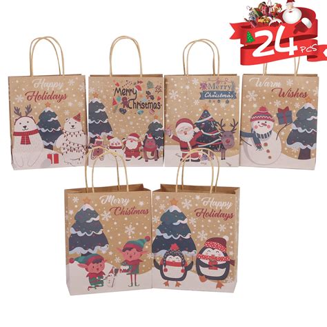 24 Pack Christmas Gift Bags, 6 Designs Christmas Kraft Paper Bags, with ...