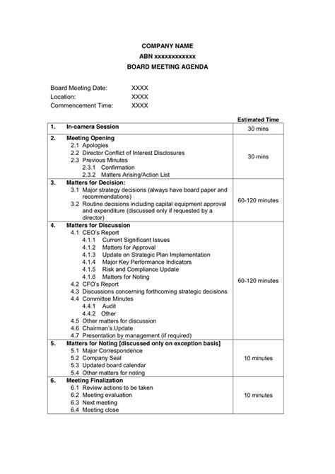 Board Meeting Agenda Template in Word and Pdf formats - page 2 of 2