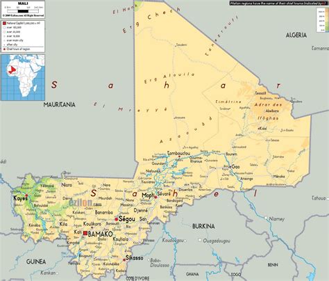 Large physical map of Mali with roads, cities and airports | Mali ...