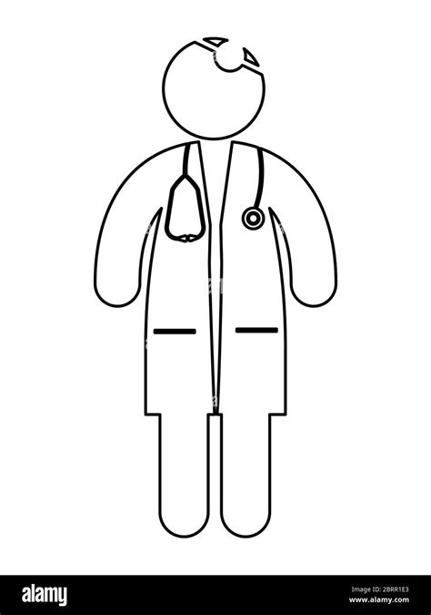 Doctor with Stethoscope Stick Figure Icon Outline. Black and white illustration pictogram icon ...