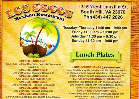 Menu at Los Cocos restaurant, South Hill