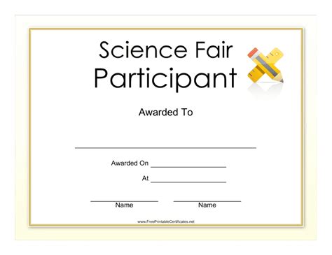 Science Fair Participant Certificate Template Download Printable PDF | Templateroller