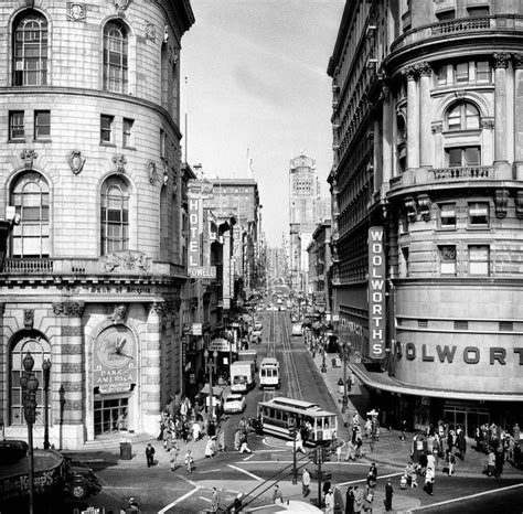 1952. Powell and Market Street with Woolworth's, San Francisco. Photo by Fred Lyon. #SanFrancis ...