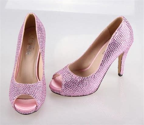 Soft Pink Rhinestone Bling Wedding Shoes , Bridal Shoes Peep Open Toe ...