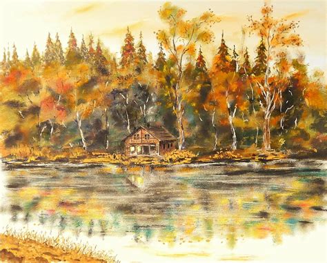 HD wallpaper: brown wooden house near body of water surrounded by brown leaf trees painting ...