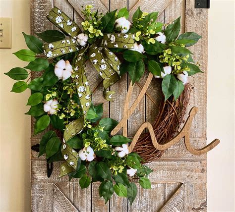 Greenery Wreath Front Door Wreath with Cotton Wreath for | Etsy