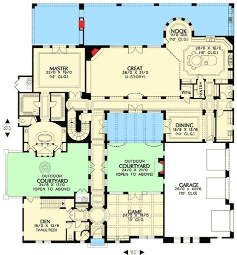 Plan 16377MD: Tuscan Home With Two Courtyards | Courtyard house plans ...