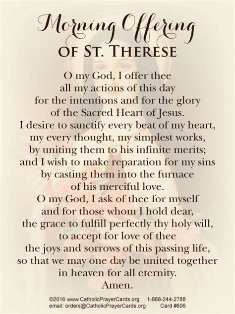 Morning Offering Of St. Therese Prayer Card in 2020 | Morning prayer catholic, Night prayer ...