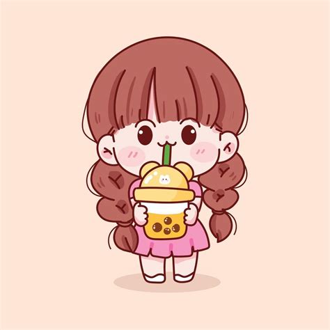 Cute kid girl holding bubble milk tea hand drawn cartoon character illustration 8974656 Vector ...