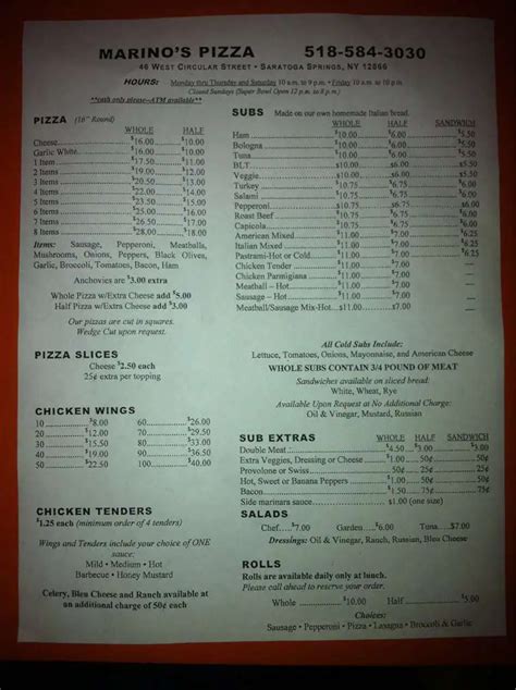 Marino's Pizza Menu, Menu for Marino's Pizza, Saratoga Springs, Albany - Urbanspoon/Zomato