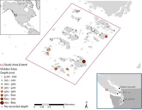 The study area showing locations of shell midden sites. Lower inset map ...