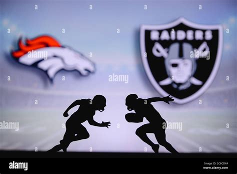 Denver Broncos vs. Las Vegas Raiders. NFL match poster. Two american ...