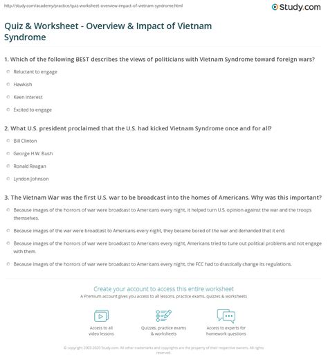 Quiz & Worksheet - Overview & Impact of Vietnam Syndrome | Study.com