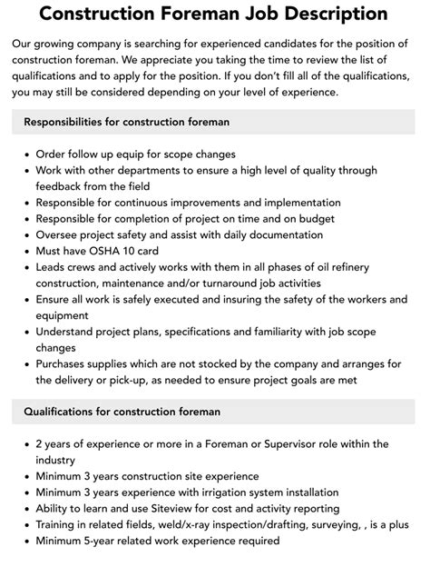 Construction Foreman Job Description | Velvet Jobs