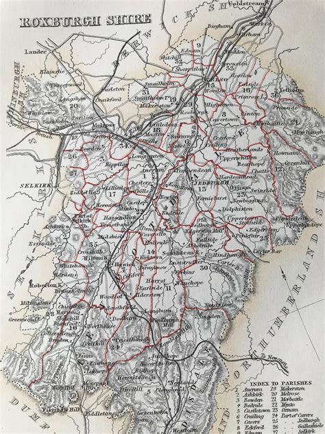 1870 Roxburghshire original antique map showing railways, Roxburgh ...