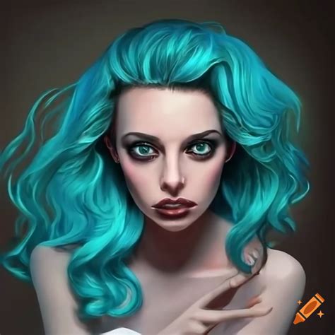 Portrait of a woman with turquoise wavy hair on Craiyon