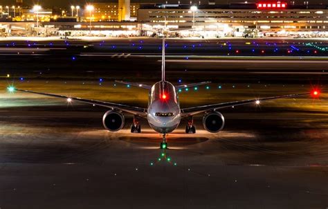 Wallpaper night, lights, Boeing, the plane, the airfield, passenger, 777-200 for mobile and ...