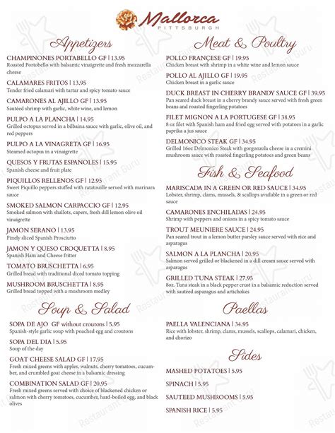 Menu at Mallorca Restaurant, Pittsburgh