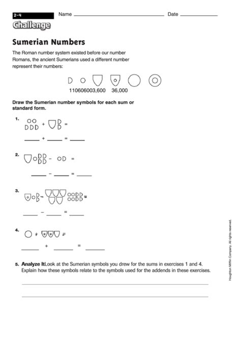 Sumerian Numbers - Math Worksheet With Answers printable pdf download