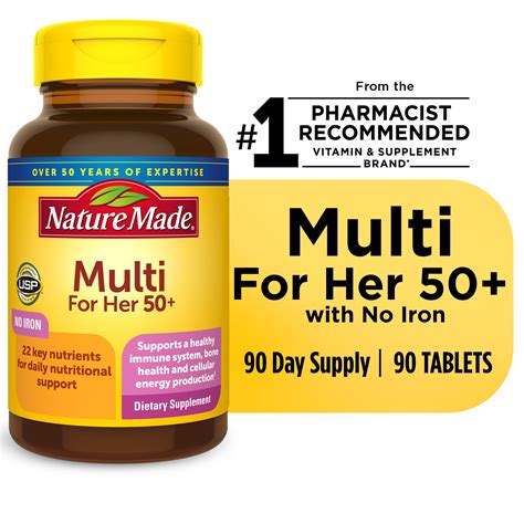 Nature Made Multivitamin For Her 50+ with No Iron Tablets, Women's Multivitamin, 90 Count ...