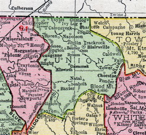 Union County, Georgia, 1911, Map, Rand McNally, Blairsville, Suches, Coosacreek, Choestoe ...