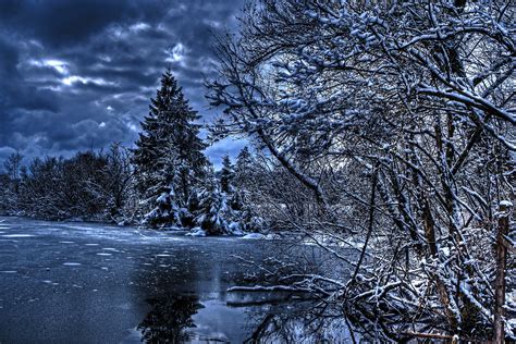 Download Frozen River Cloud Sky Tree Forest Snow Gray Nature Winter HD Wallpaper