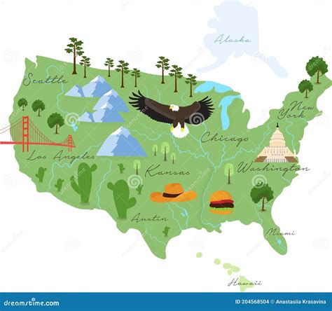 Tourist Infographics about America. Cartoon Map of USA. Travel Illustration with Landmarks ...