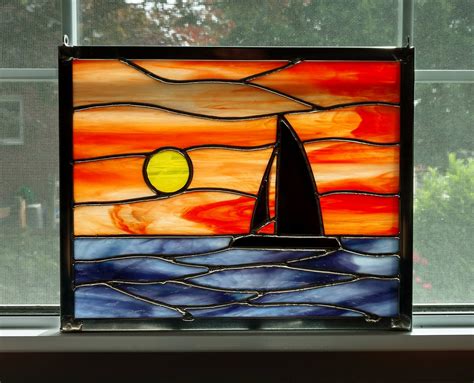Sailboat Sunset Stained Glass Window Panel, Ocean Sunset, Seascape, Beach Decor, Coastal Decor ...