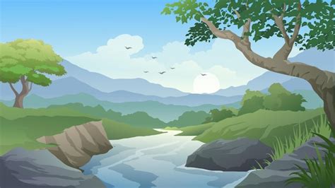 Premium Vector | Forest cartoon landscape with stream and mountai