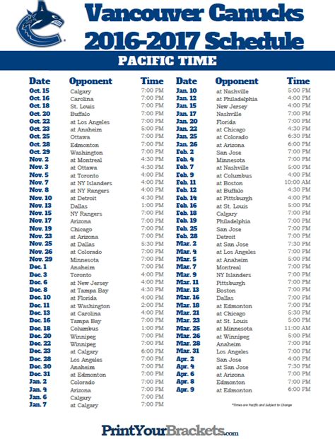 Canucks Printable Schedule 2021 - PrintableSchedule.net | Printable ...