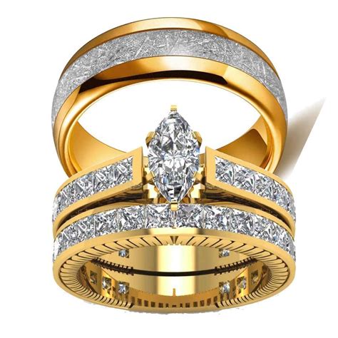 TWO RINGS His Hers Wedding Ring Sets Couples Rings Women's 10k Yellow Gold Filled White CZ ...