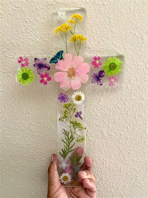 Large Hanging Cross With Pressed Flowers, Resin Religious Wall Plaque ...