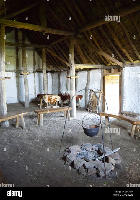 A medieval farm house interior at The Museum of Early Medieval Northumbria at Jarrow Stock Photo ...