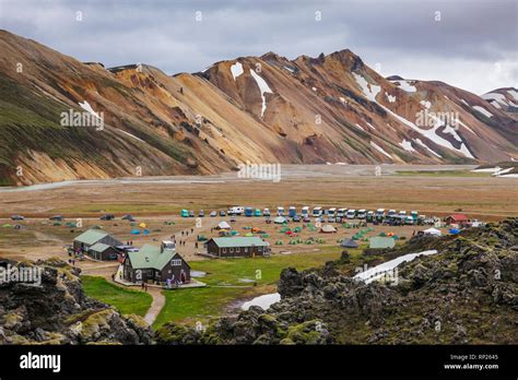 Landmannalaugar, Iceland - July 24, 2015: Camping tents on a rocky ...