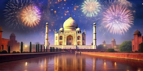 Premium AI Image | Taj Mahal at Night with Fireworks Background India Tourism Attraction ...