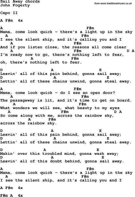 Song lyrics with guitar chords for Sail Away