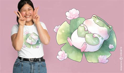 Sleeping Frog Lily Pad T-shirt Design PSD Editable Template