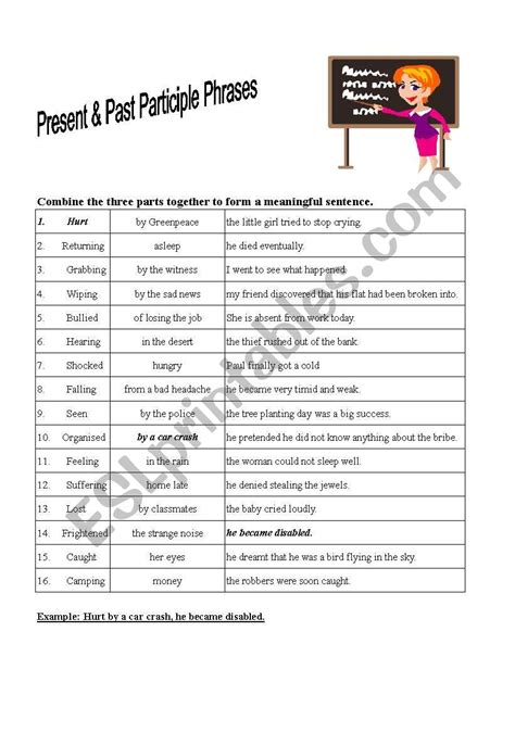 Present & Past Participle Phrases - ESL worksheet by peg1